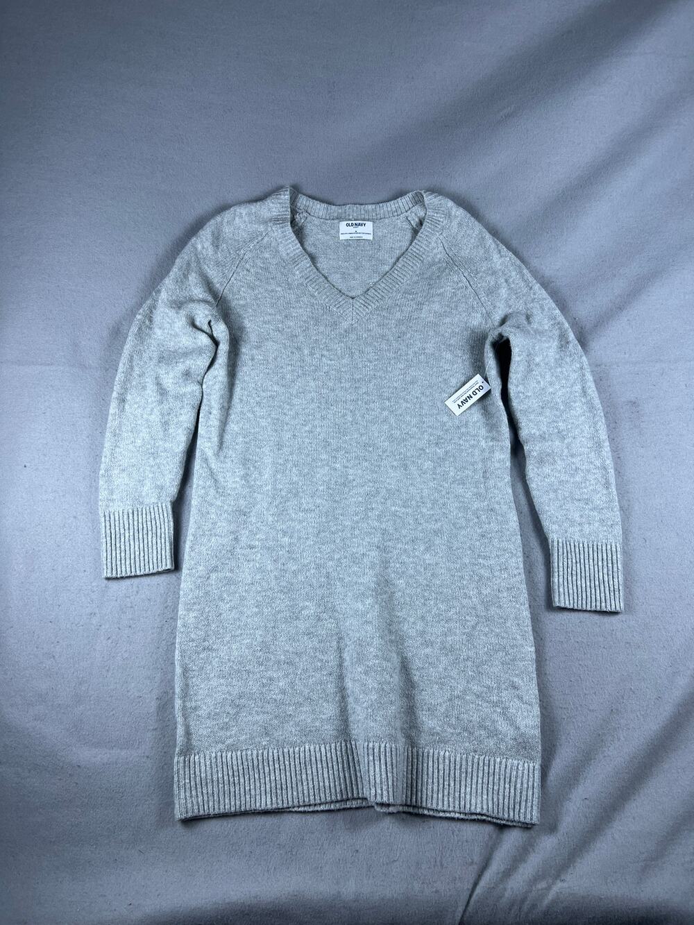 Old Navy Sweater Dress Women M Gray Long Sleeve V Neck SoSoft Tunic Rib Knit NWT